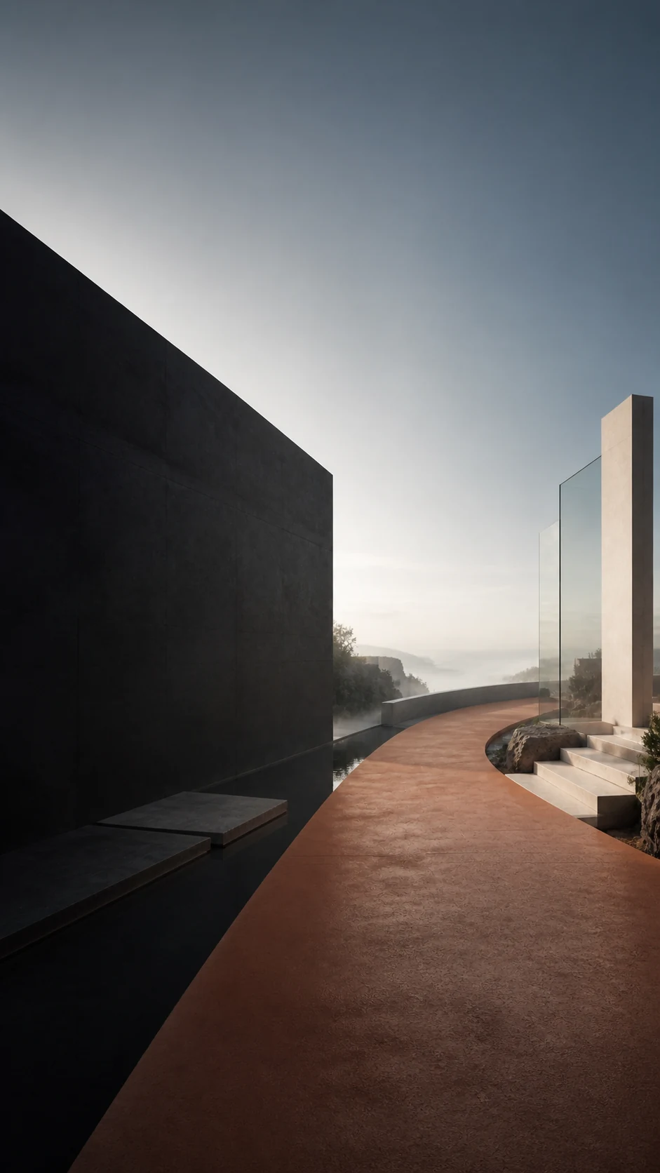 Caminho terracota entre arquitetura escura e um horizonte azul