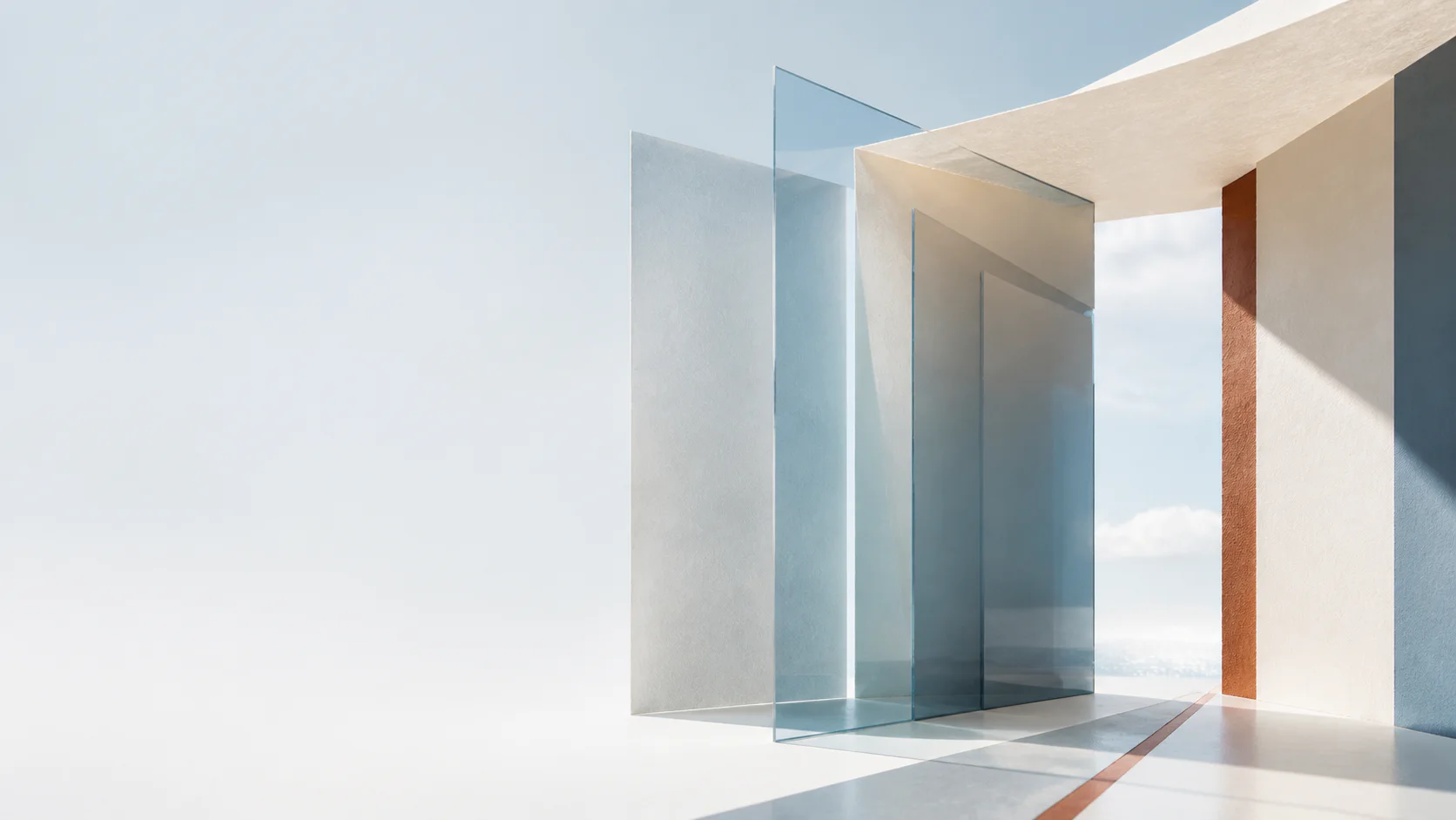 Planos de vidro azul e papel claro convergem para uma abertura iluminada